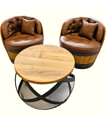 SET | klubová křesla ze sudu / hnědá koženka a stolek CUVÉE | DESKA 65 CM |
